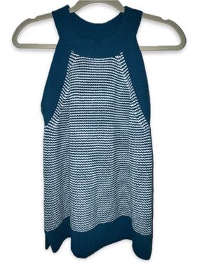 LOFT TEAL & WHITR STRIPED SLEEVELESS SWEATER KNIT TANK TOP SIZE L